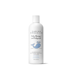 Carina Organics Baby Shampoo & Body Wash bottle, gentle plant-based formula for sensitive baby skin.