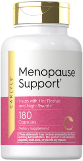 Carlyle menopause supplement bottle closeup showing non-GMO gluten-free formula for daily support.