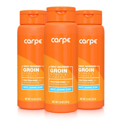 Carpe sweat-absorbing powder jar close-up shows talc-free formula for all-day freshness.