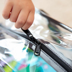 CARPETBOX clear toy storage bags with zipper for quick access.