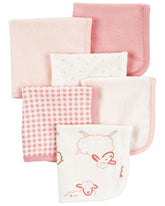 Carter's 6-pack washcloths in pink and ivory showing soft absorbent terry for gentle bath time.