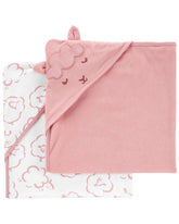 Carter's baby hooded towel folded in pink and white showing plush softness and absorbent cotton.