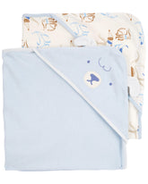 Carter's baby hooded towel in blue and ivory on absorbent terry for gentle drying.