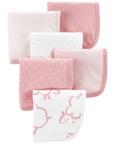 Carter's washcloths pink flatlay; soft, absorbent fabric for baby bath time