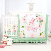 Caruili 4-piece crib bedding set with butterflies and floral design in green and pink