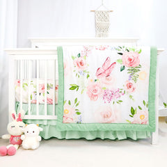 Caruili 4-piece crib bedding set with butterflies and floral design in green and pink