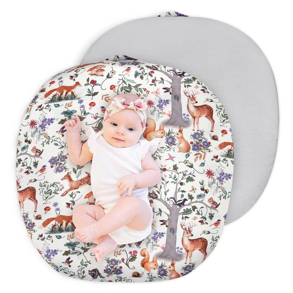 CARUILI newborn lounger cover in gray woodland pattern fits round loungers with plush softness.