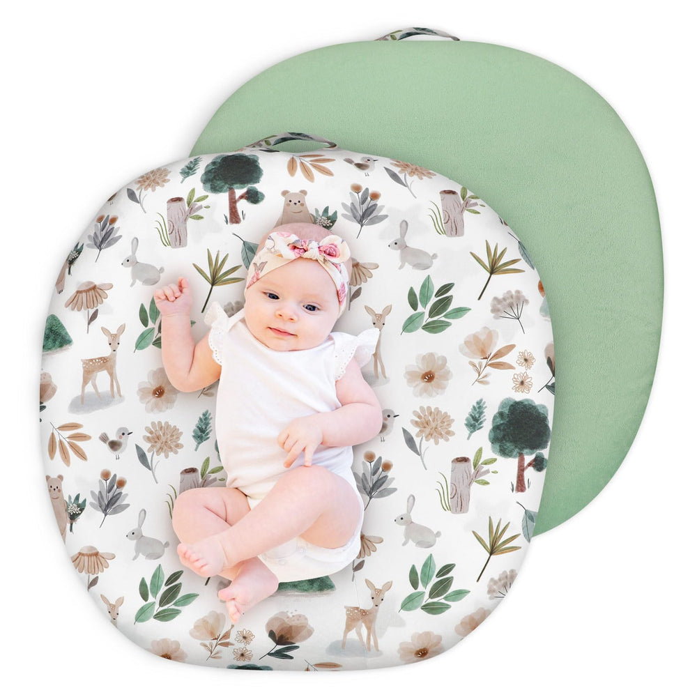 CARUILI newborn lounger cover in green animal print, ultra-soft minky fabric for baby comfort