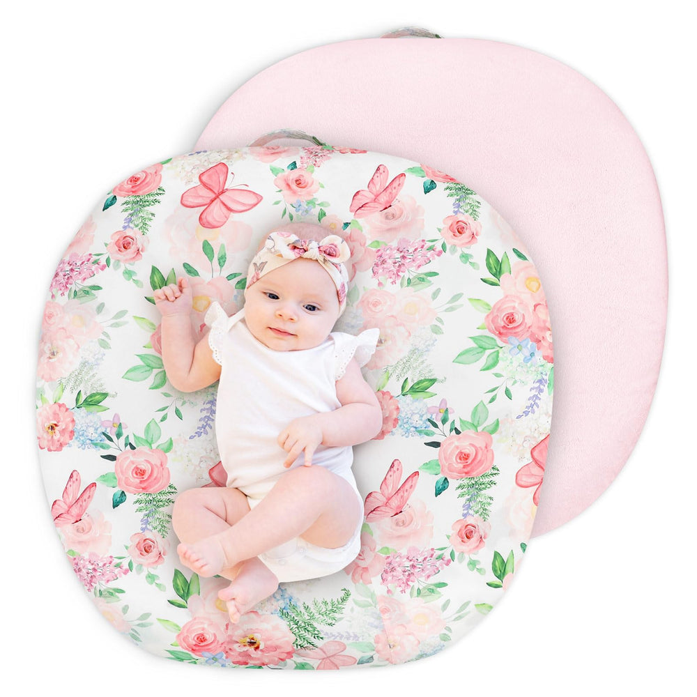 CARUILI newborn lounger cover in pink floral butterfly pattern, soft plush for baby comfort.