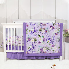 CARUILI purple floral crib bedding set in full view, elevating a soft, stylish nursery.