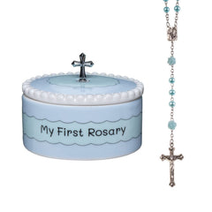 Cascade Goods Blue My First Rosary Box closeup highlighting the keepsake design