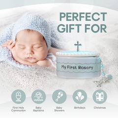 Cascade Goods blue rosary box open view showcasing the keepsake presentation