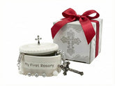 Cascade Goods white first rosary box front view, ideal baptism keepsake.