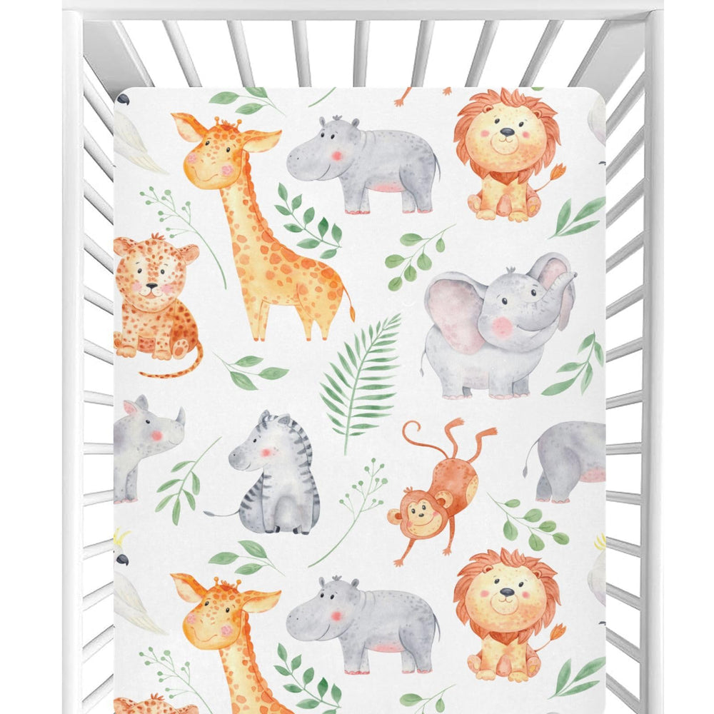 CaTaKu baby crib sheets with safari animals leaves print for vibrant nursery decor