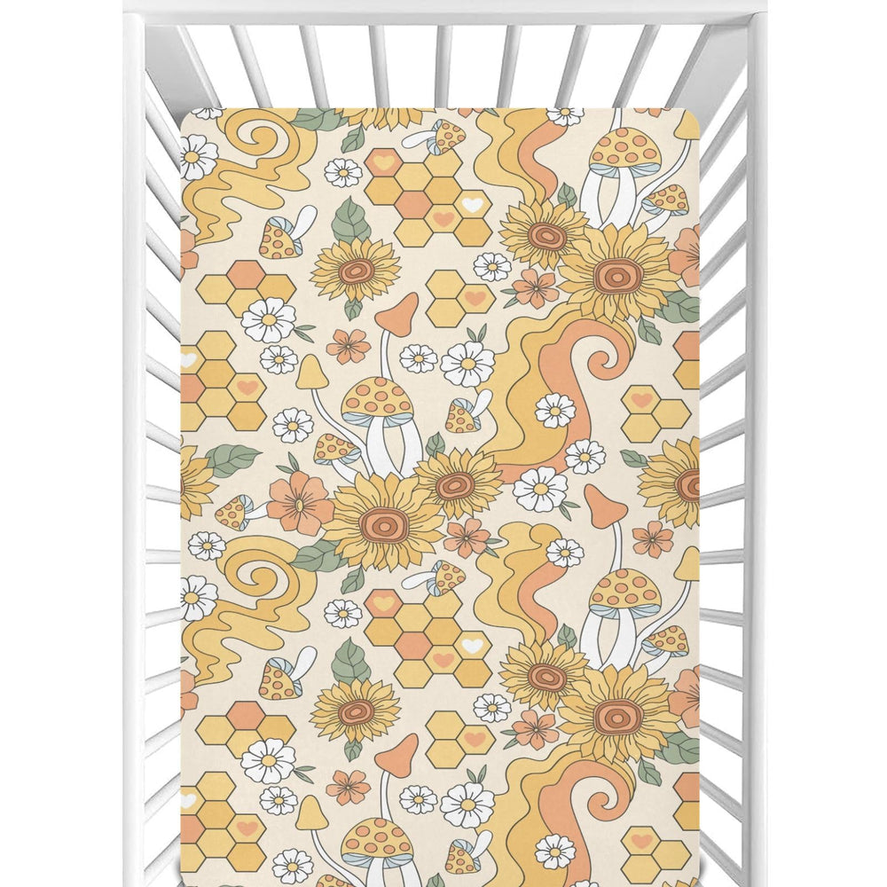 CaTaKu Hippie Flower Honey crib sheet close up texture showing soft fabric for baby comfort