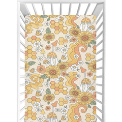 CaTaKu Hippie Flower Honey crib sheet close up texture showing soft fabric for baby comfort