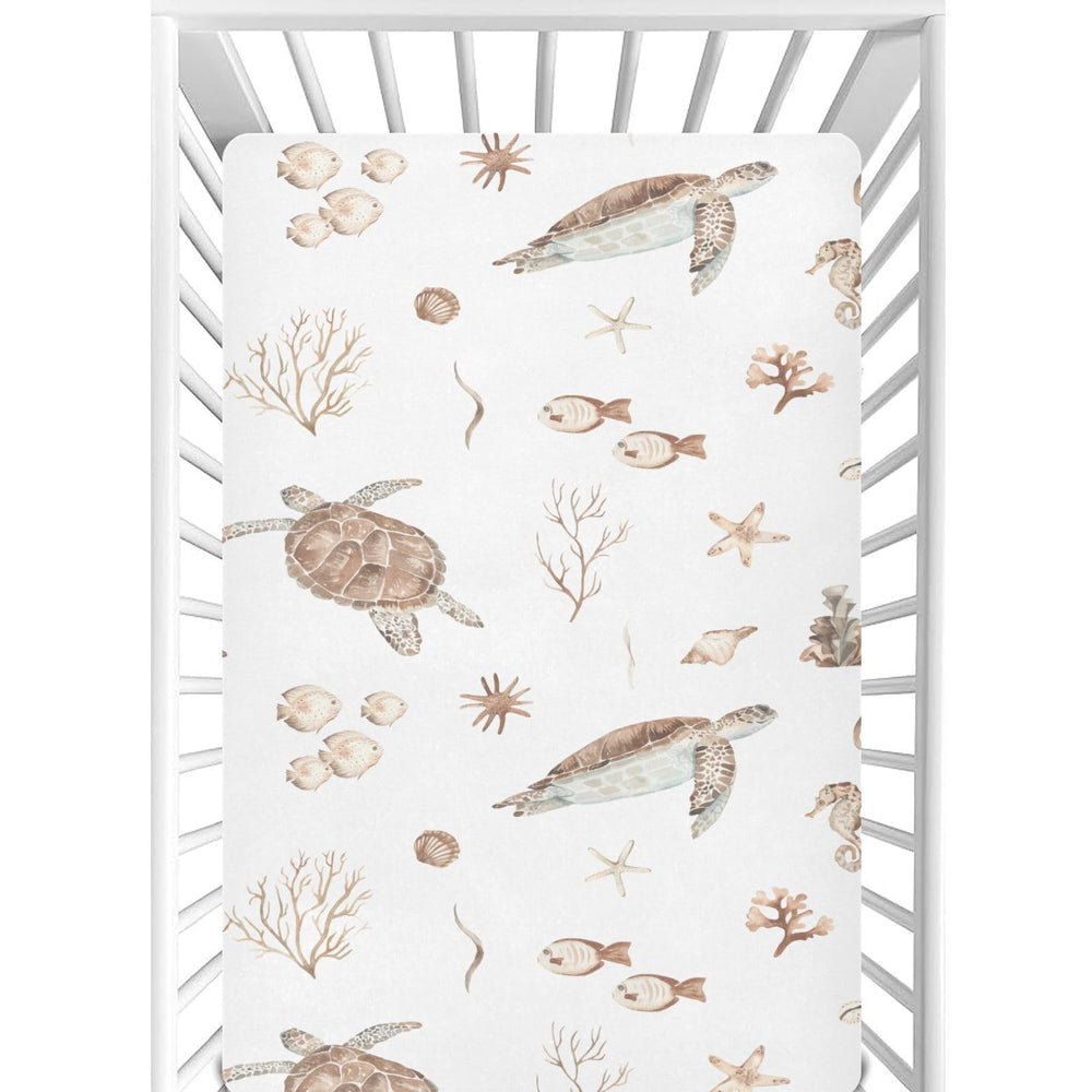 CaTaKu sea turtles seashells mini crib sheets show the playful print for a cozy nursery.