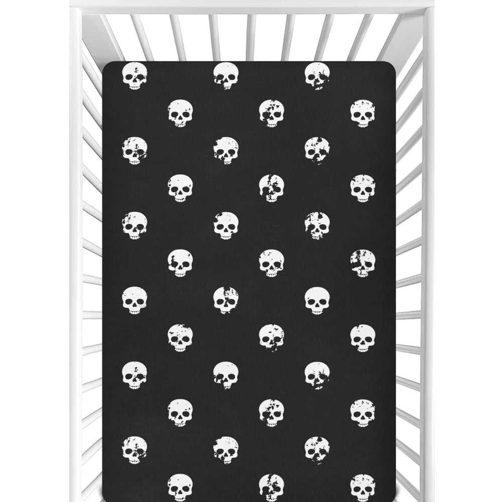 CaTaKu Skull Heads black mini crib sheet close-up showing soft fabric and secure fit