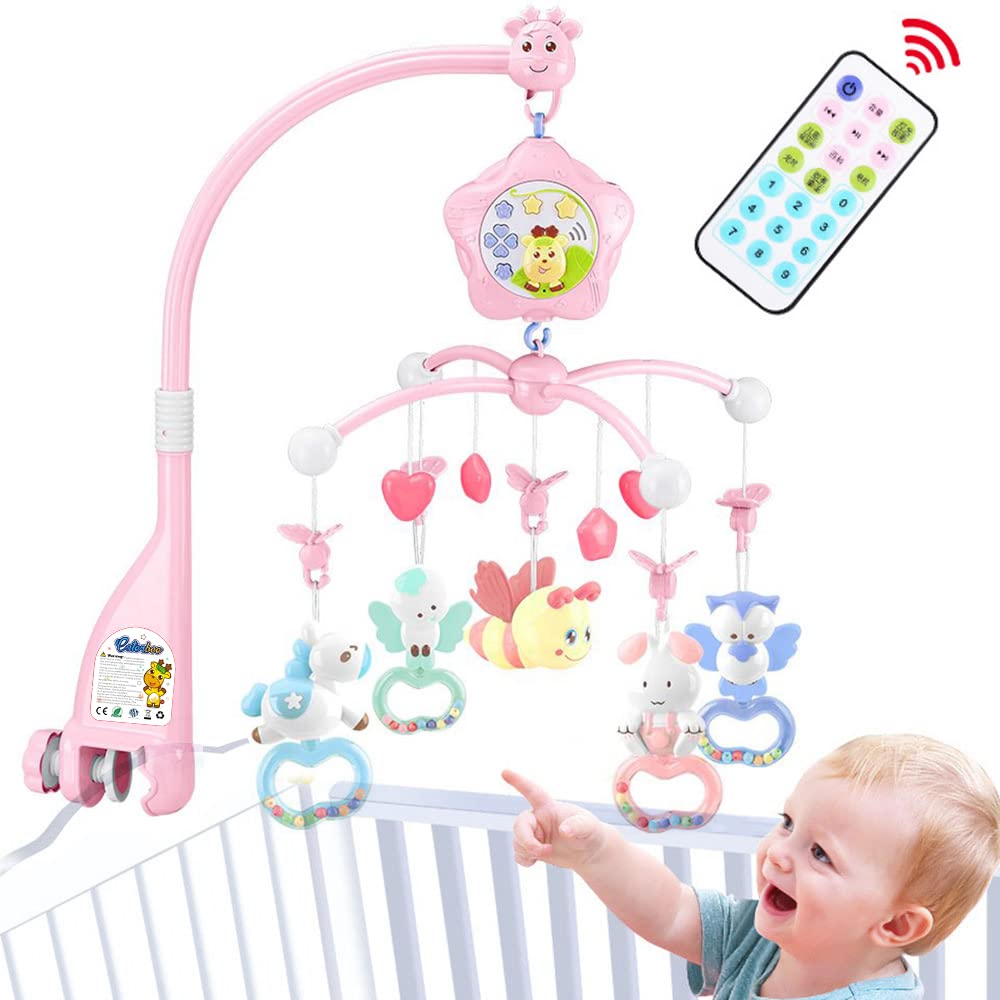 Caterbee Pink Bee mobile over crib projects soothing ceiling imagery for visual focus.