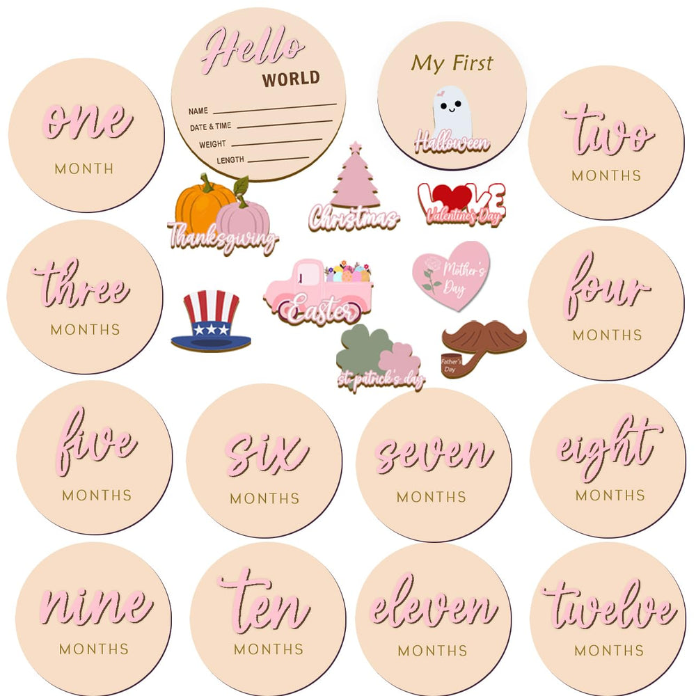 Cephira monthly milestone discs in pink with Hello World sign for newborn documentation