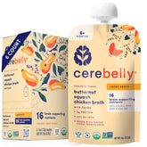 Cerebelly baby-food pouch shows butternut squash, rosemary, and bone broth for on-the-go nutrition.