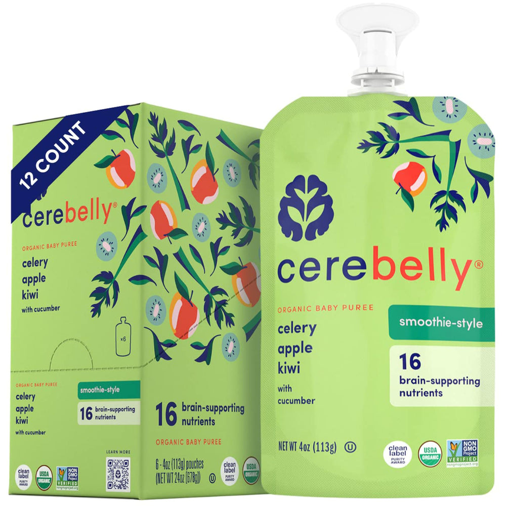 Cerebelly baby pouch celery-apple-kiwi on-the-go provides dairy-free nutrition for busy days.