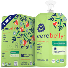 Cerebelly baby pouch celery-apple-kiwi on-the-go provides dairy-free nutrition for busy days.