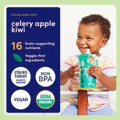 Cerebelly baby pouch celery-apple-kiwi spout closeup highlights clean ingredients.