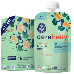Cerebelly broccoli-pear pouch shows organic puree for on-the-go baby meals.