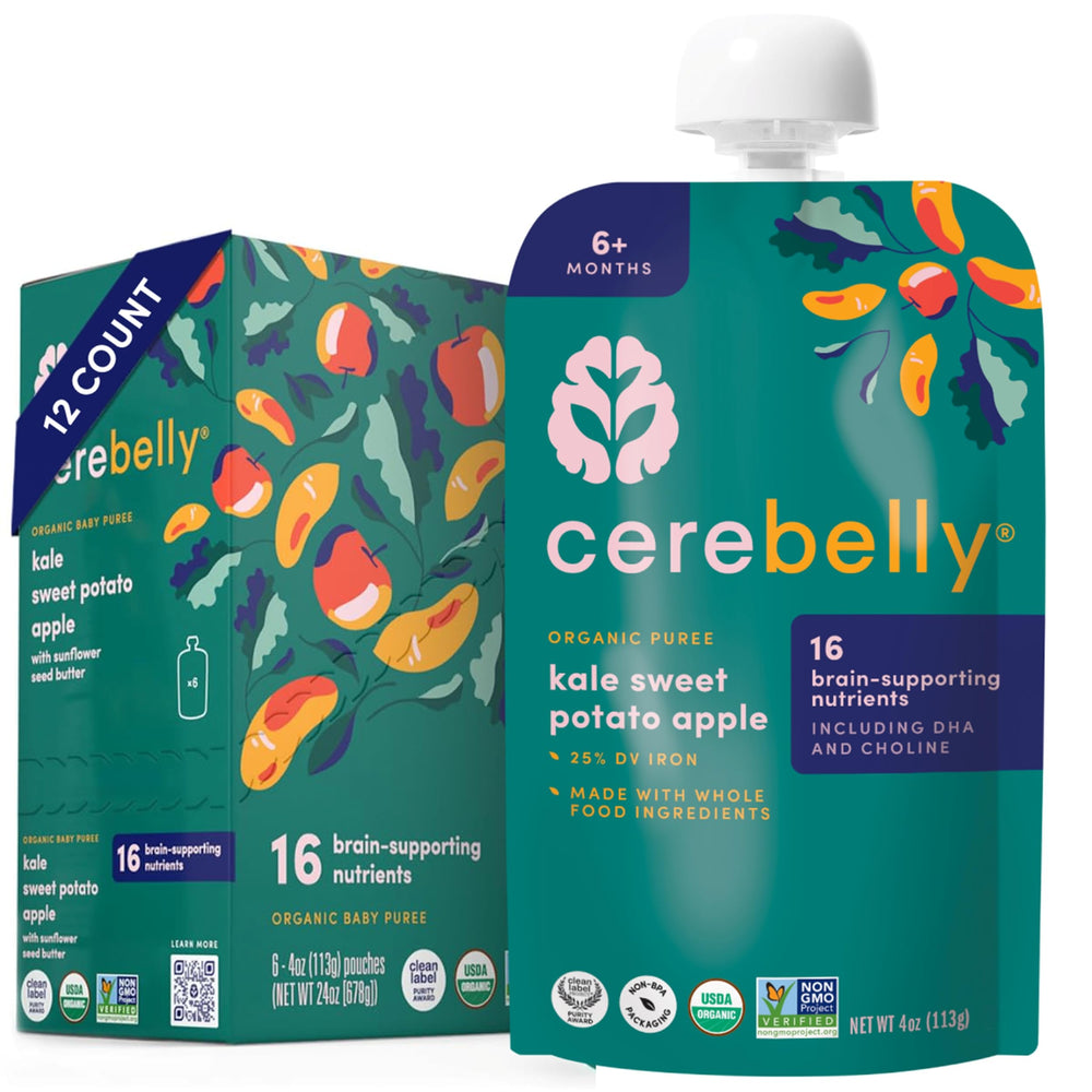 Cerebelly kale sweet potato apple pouch front, convenient organic nutrition on the go.