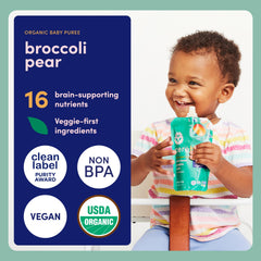 Cerebelly no-added-sugar pouch with broccoli and pear supports clean snacking.