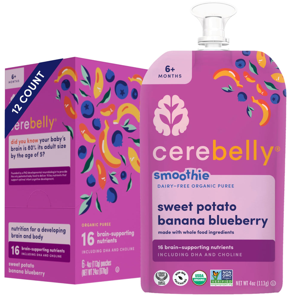 Cerebelly organic baby pouch with sweet potato, banana, blueberry for balance.