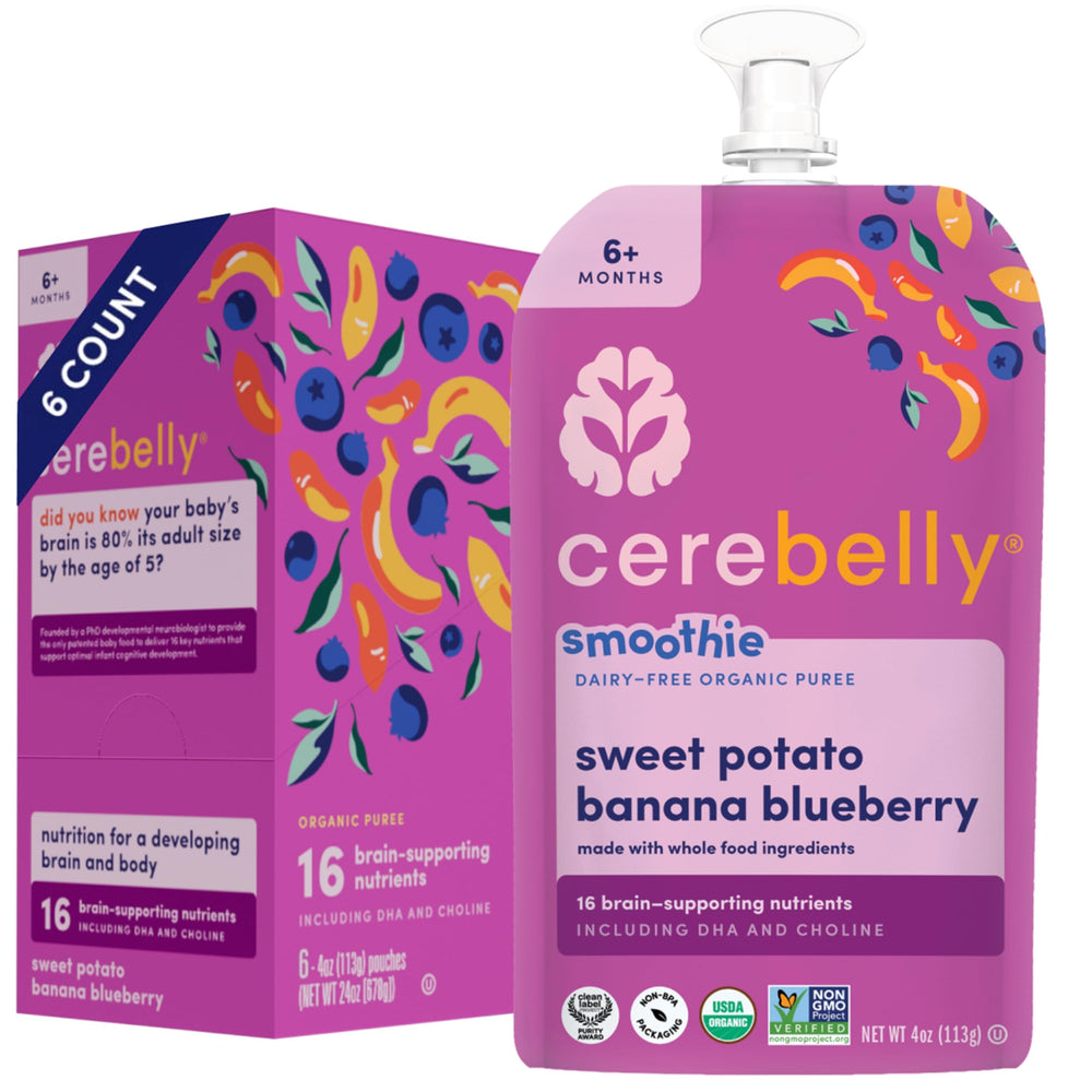 Cerebelly organic baby pouch with sweet potato banana blueberry for on-the-go nutrition.