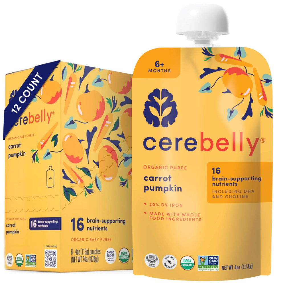 Cerebelly organic baby pouch with carrot-pumpkin puree delivering balanced nutrition for growing minds.