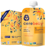 Cerebelly organic baby pouch with carrot-pumpkin puree delivering balanced nutrition for growing minds.
