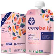 Cerebelly spinach-apple-sweet-potato pouch on a high chair tray for on-the-go feeding