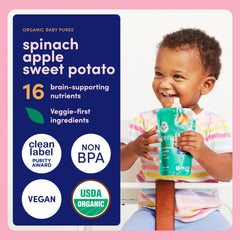 Cerebelly spinach-apple-sweet-potato pouch being held during car ride