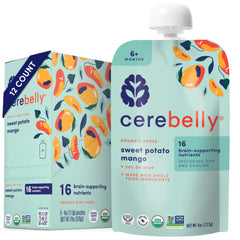 Cerebelly sweet potato mango pouch for babies and toddlers, convenient nutrition.