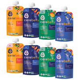 Cerebelly variety-pack pouches front showing organic veggies for on-the-go meals