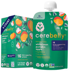 Cerebelly white bean pumpkin apple puree pouch close-up showing creamy texture for easy feeding.