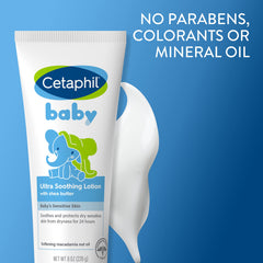 Cetaphil Baby Ultra Soothing Lotion with Shea Butter highlights deep moisturization for dry skin.
