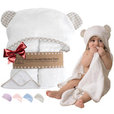 Channing & Yates bamboo viscose hooded baby towel showing the plush hood for gentle drying.