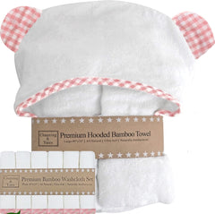 Channing & Yates pink hooded bamboo baby towel for gentle bath time wrap