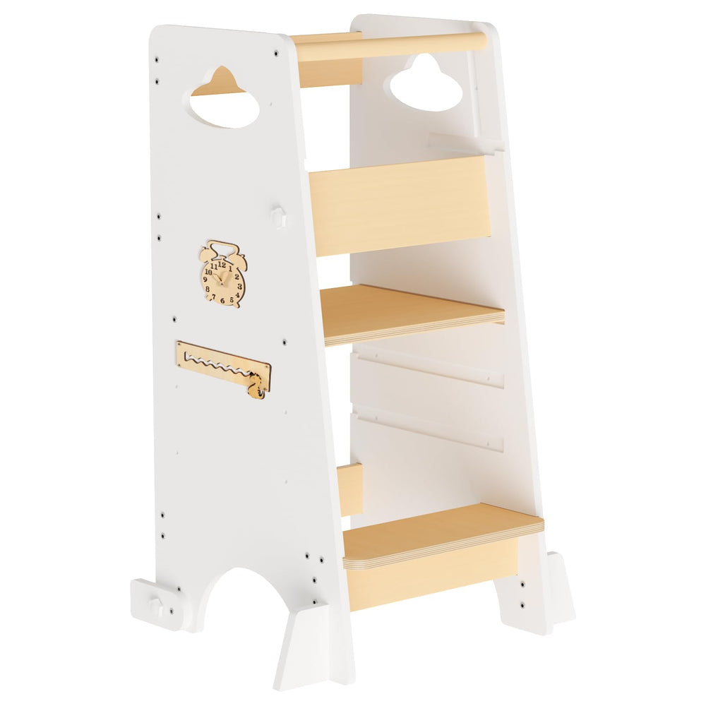 CHAO KWORLDS toddler tower with safety rail supports safe kitchen exploration.