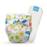 Charlie Banana Hello Sunshine diaper front view demonstrates adjustable one-size fit.