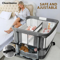 Cheermomo twin bassinet side view highlights compact, stable bedside setup