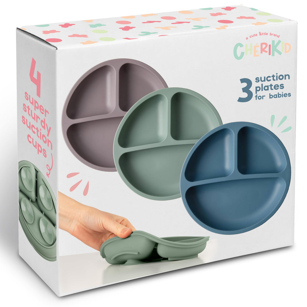 ChériKid quadruple suction plate securely grips smooth tables for mess-free meals