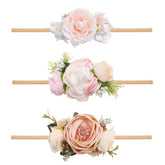 CHERRBOLL 3pc flower headbands for newborns, soft nylon and gentle on skin.