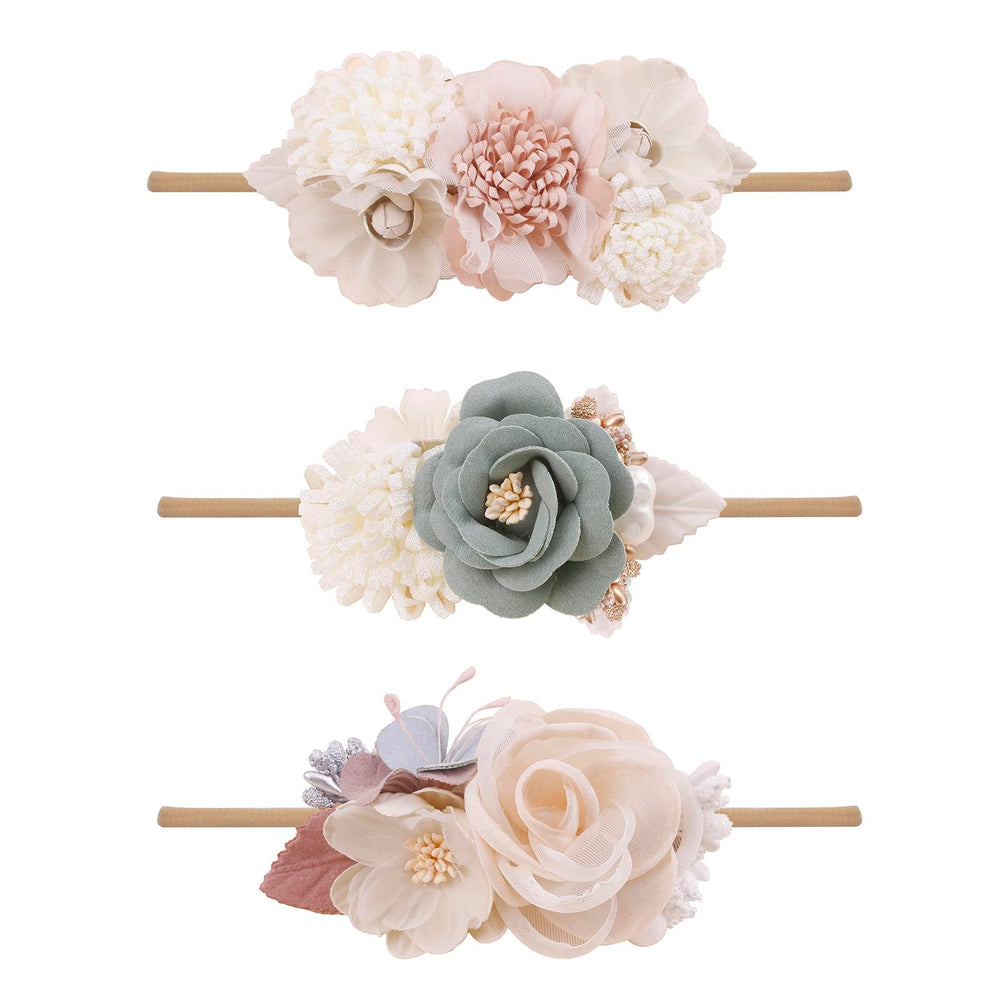 Cherrboll 3pc flower headbands set provides versatile colors for baby outfits.