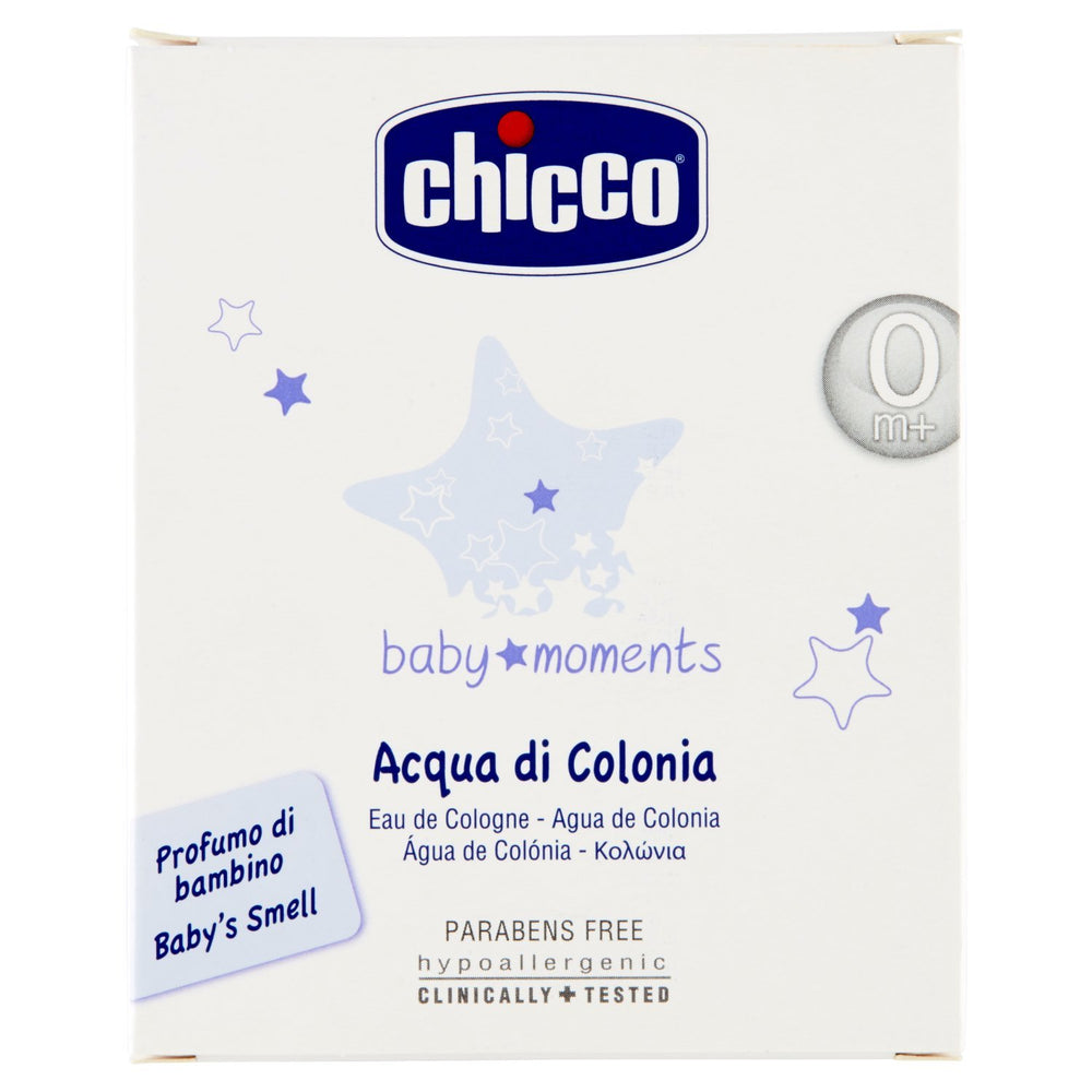 Chicco Baby Moments bottle front view, soft soothing scent for baby routines.